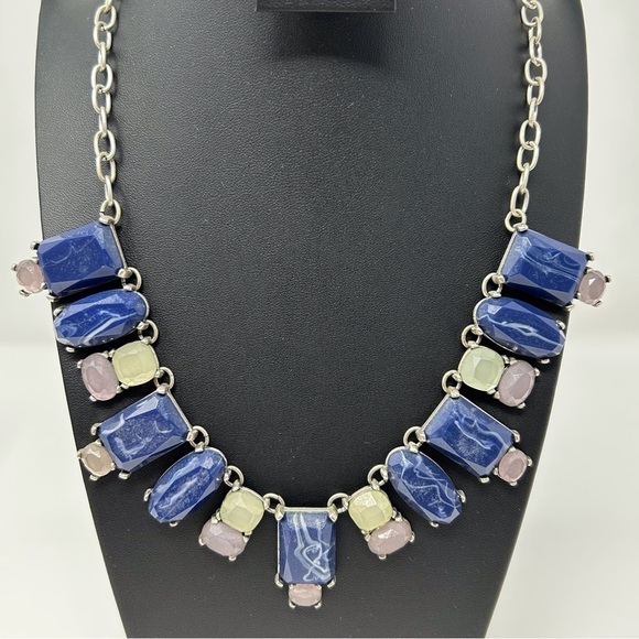 Chico's Blue Marbled Faux Stone Statement Necklace with Silver Tone Chain - Picture 2 of 7